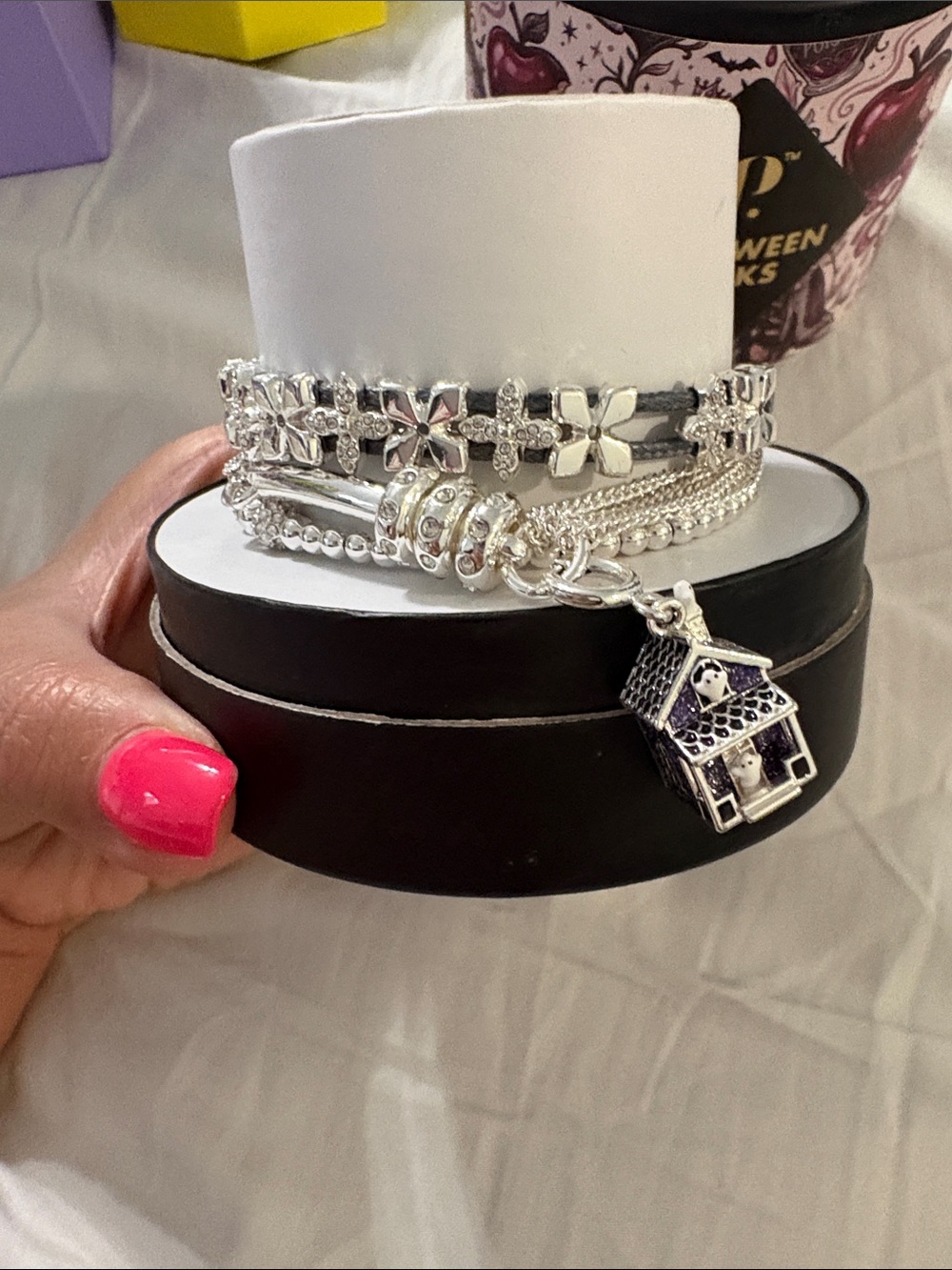 Silver Multi-Row Floral Charm Bracelet with House Pendant - Women's Bracelet